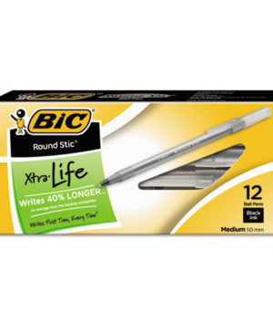BIC® Round Stic Xtra Life Ballpoint Pen, Black Ink, 1mm, Medium, Dozen