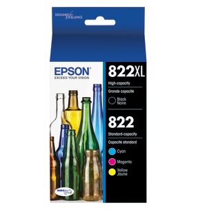 Epson 822XL/822 Black High Yield and Cyan/Magenta/Yellow Standard Yield Ink Cartridges, 4/Pack (T822XL-BCS)