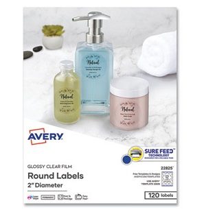 Avery® Glossy Clear Print-to-the-Edge Easy Peel Labels With Sure Feed® Technology, 22825, Round, 2" Diameter, Clear, Pack Of 120
