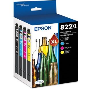 Epson T822XLXCS (T822XL) DURABrite Ultra High-Yield Black/Cyan/Magenta/Yellow Ink Cartridges, 4PK