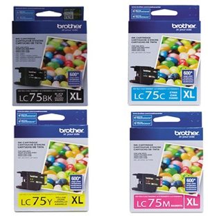Brother LC75 Innobella High-Yield Black Cyan Yellow Magenta Ink Cartridge Set - 4PK -  600 Page-Yield ,LC75BK, LC75C, LC75Y, LC75M