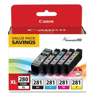 Canon 2021C007 (CLI-281; PGI-280 XL) ChromaLife100+ Black XL/Black/Cyan/Magenta/Yellow Ink Cartridges, 5/Pack